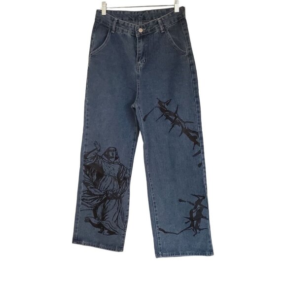 JEANS Denim - Woman's Madona Print Wide leg jeans size 3 street wear graphic print blue‎ black